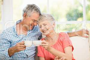 Smiling senior couple toasting with mugs