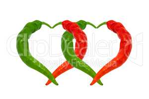 Red and green chili peppers in love. Hearts composed of hot pepp