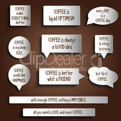 tags, labels, buttons, stickers with message about coffee
