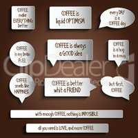 tags, labels, buttons, stickers with message about coffee