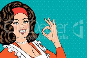 pop art cute retro woman in comics style with OK sign