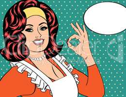pop art cute retro woman in comics style with OK sign