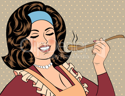 pop art retro woman with apron tasting her food