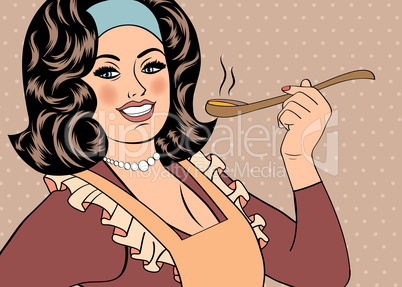 pop art retro woman with apron tasting her food