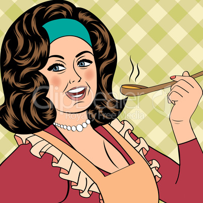 pop art retro woman with apron tasting her food