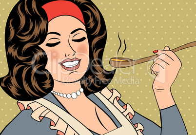 pop art retro woman with apron tasting her food