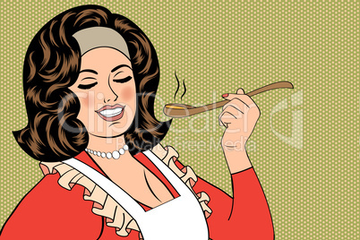 pop art retro woman with apron tasting her food