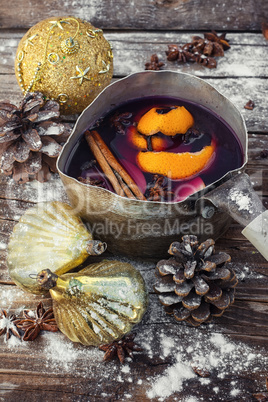 Mulled wine in old retro pan