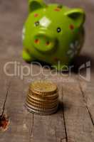 Green piggy bank with coins