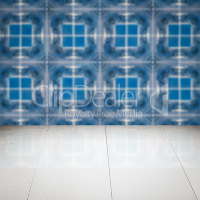 Wood table top and blur vintage ceramic tile pattern wall