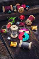 Bright beads and thread for needlework