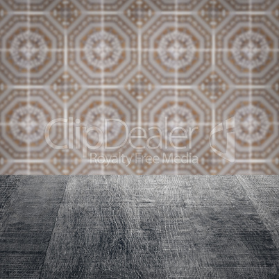 Wood table top and blur vintage ceramic tile pattern wall