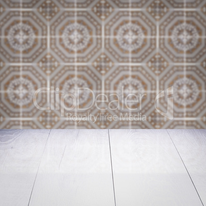 Wood table top and blur vintage ceramic tile pattern wall