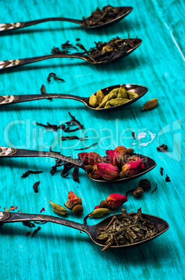 five varieties of loose tea tea spoons
