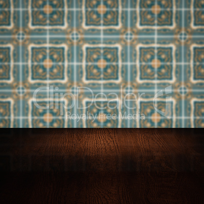 Wood table top and blur vintage ceramic tile pattern wall