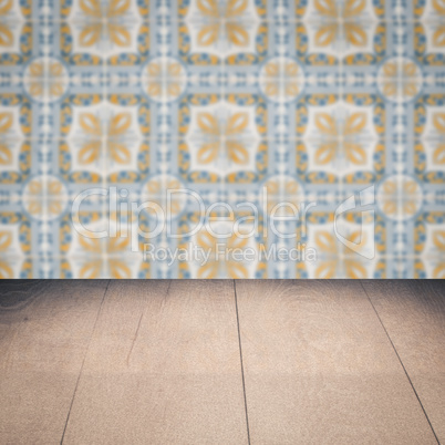 Wood table top and blur vintage ceramic tile pattern wall Wood table top and blur vintage ceramic tile pattern wall