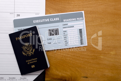 Passport, calendar and ticket