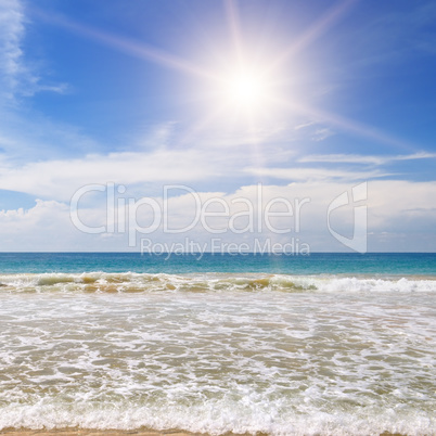 ocean, sandy beach and blue sky