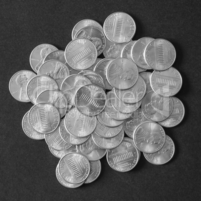 Black and white Dollar coins 1 cent wheat penny