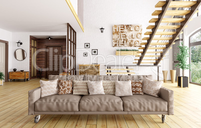 Modern interior of living room and hall 3d rendering