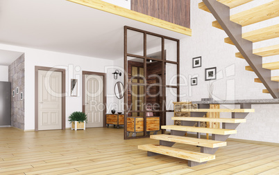 Interior of hall with staircase 3d render