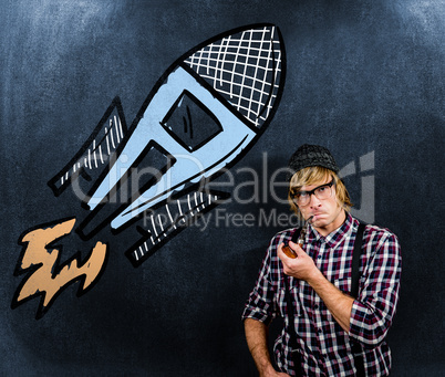 Composite image of serious blond hipster smoking a pipe