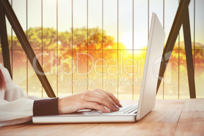 Composite image of hipster businesswoman using her laptop