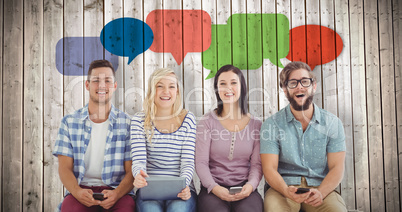 Composite image of portrait of smiling business people holding e