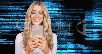 Composite image of beautiful blonde woman smiling and using smar