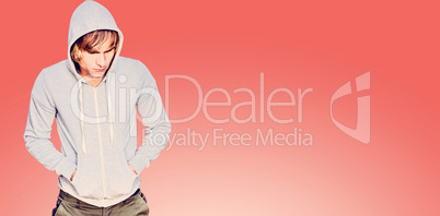 Composite image of  man in hood jacket thinking