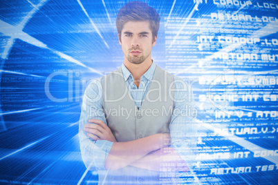 Composite image of confident businessman standing against wooden