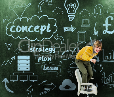 Composite image of happy hipster businessman standing on his cha