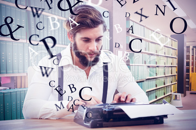 Composite image of hipster working on typewriter