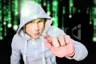 Composite image of man in hood jacket