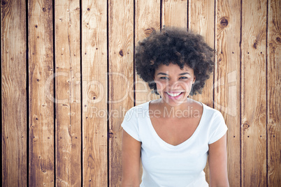 Composite image of smiling woman posing on white background