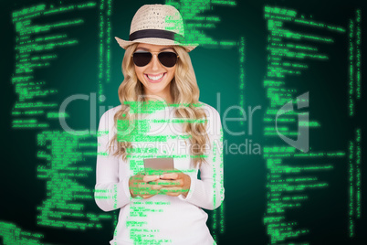 Composite image of gorgeous blonde hipster with sunglasses using