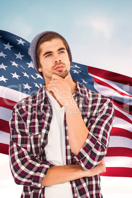 Composite image of thoughtful hipster against white background