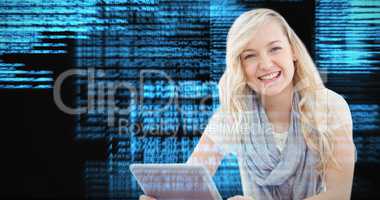 Composite image of portrait of happy woman holding digital table