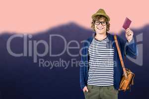 Composite image of smiling hipster holding a leather wallet
