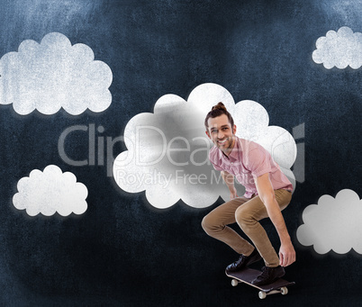 Composite image of businessman smiling while skateboarding