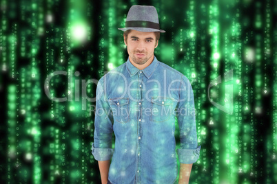 Composite image of portrait of confident hipster wearing hat