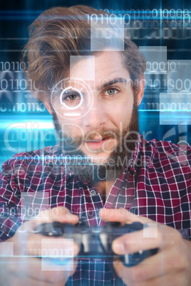 Composite image of portrait of hipster playing video game