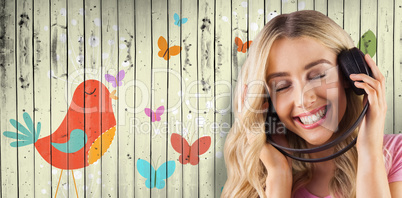 Composite image of a beautiful woman enjoying listening her music