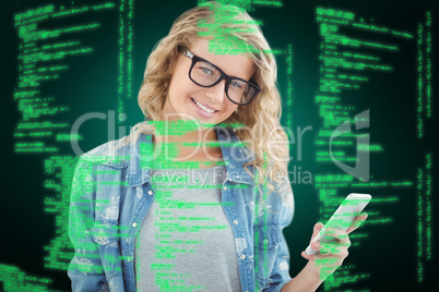 Composite image of portrait of smiling woman wearing eyeglasses