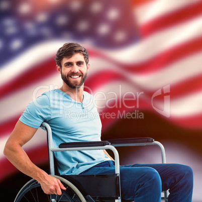 Composite image of young man in wheelchair