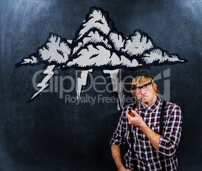 Composite image of serious blond hipster smoking a pipe