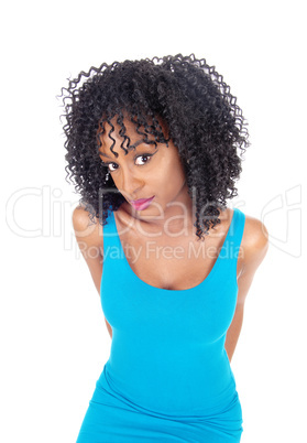 African American woman looking up.