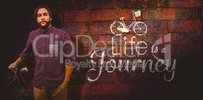 Composite image of portrait of confident hipster with bicycle