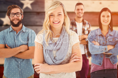 Composite image of portrait of happy business professionals with