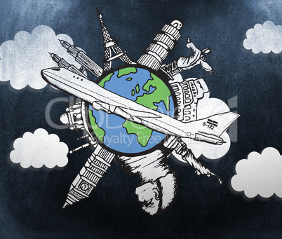 Composite image of landmarks of the world with airplane doodle